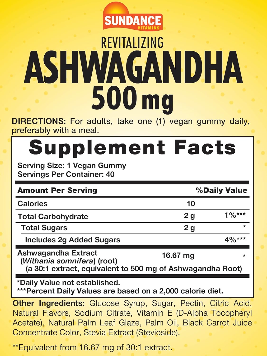 Sundance Ashwagandha Gummies - 500mg - 40 Vegan Gummies - Non-GMO, Gluten Free Supplement