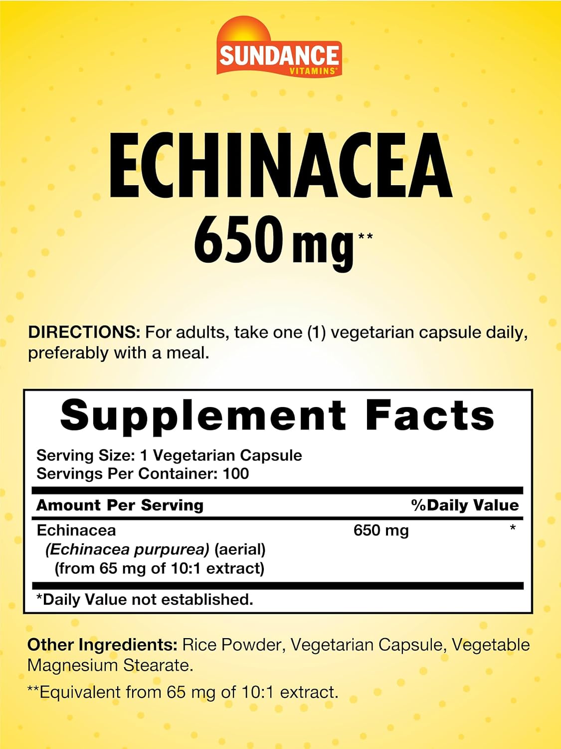 Sundance Echinacea 650mg Capsules - Traditional Herb Supplement, 100 Count, Non-GMO & Gluten Free Formula for Vegetarians
