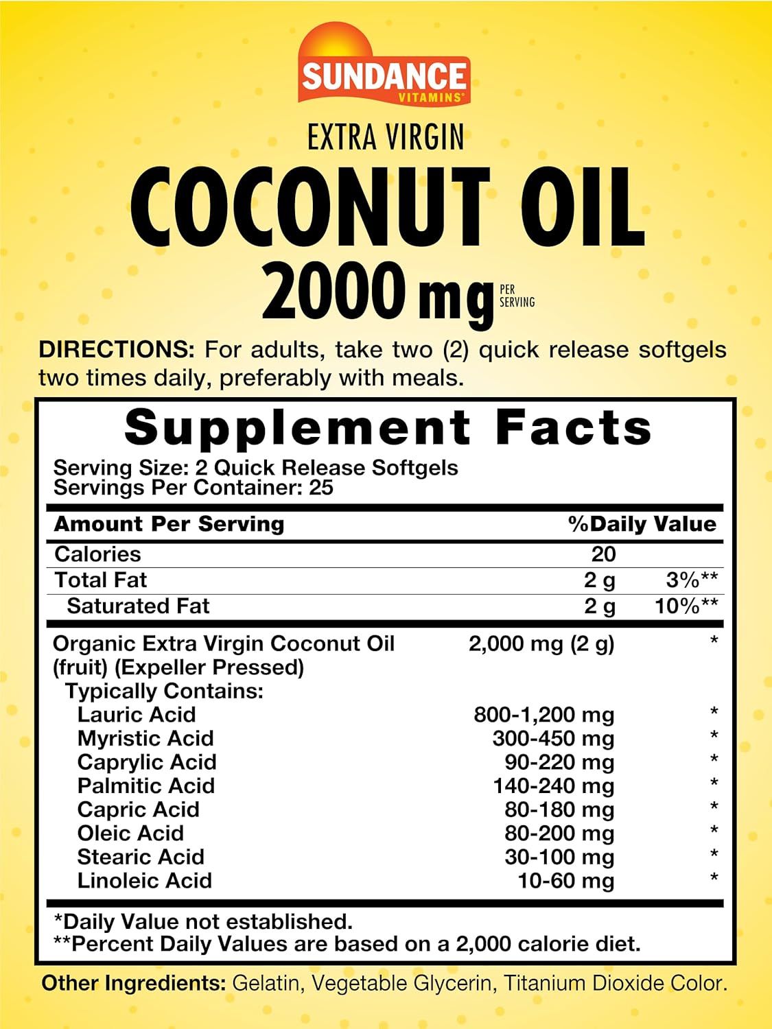 Sundance Extra Virgin Coconut Oil Softgels - 2000mg - 50 Count - Non-GMO & Gluten Free Supplement