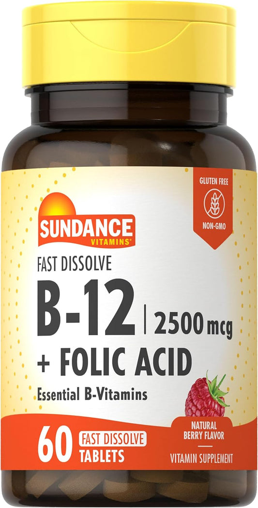Sundance Fast Dissolve Vitamin B-12 with Folic Acid 2500mcg 60 Count - Natural Berry Flavor - Vegetarian, Non-GMO, Gluten Free