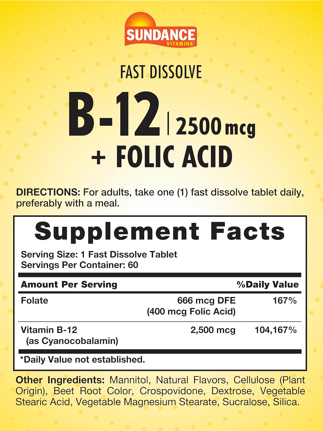 Sundance Fast Dissolve Vitamin B-12 with Folic Acid 2500mcg 60 Count - Natural Berry Flavor - Vegetarian, Non-GMO, Gluten Free