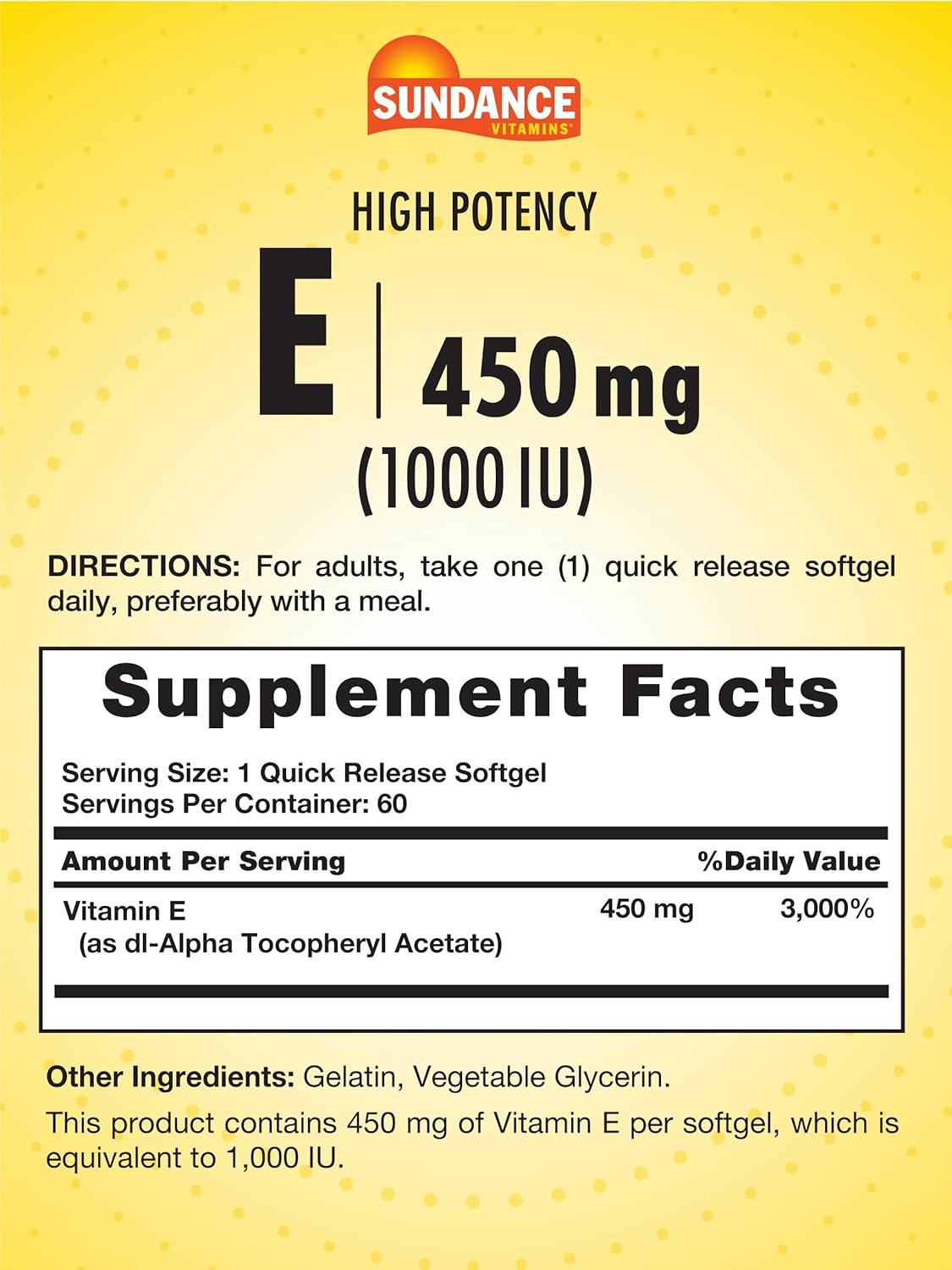 Sundance High Potency Vitamin E Softgels - 60 Count - 450mg (1000 IU) - Non-GMO & Gluten Free Formula - Essential Vitamin Supplement