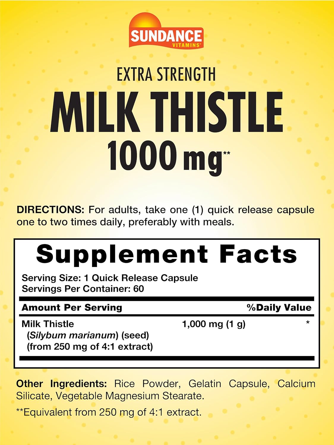 Sundance Milk Thistle 1000mg Capsules - 60 Quick Release | Herbal Supplement, Non-GMO, Gluten Free