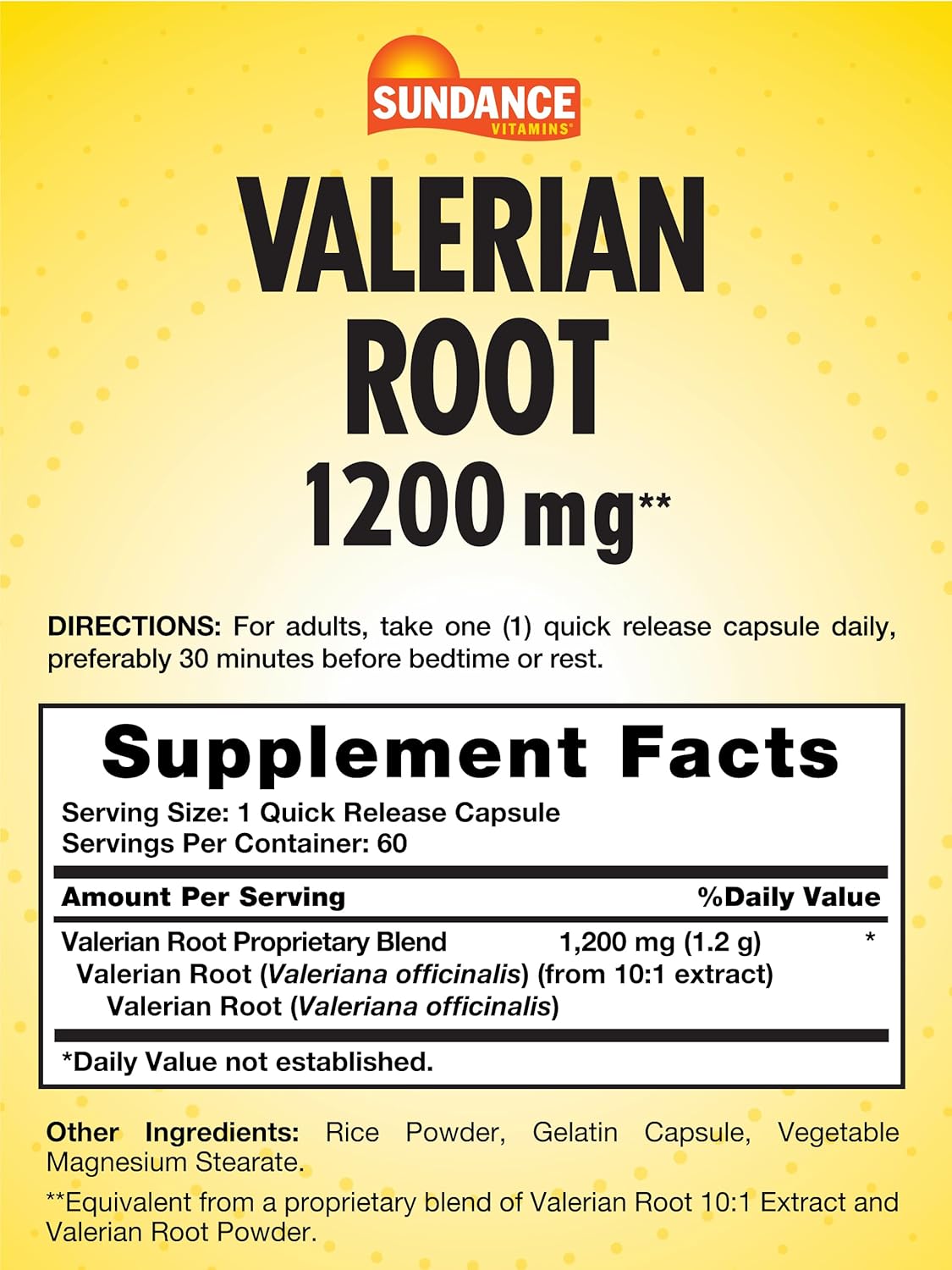 Sundance Valerian Root Supplement 1,200mg | 60 Capsules | Non-GMO Gluten Free Formula