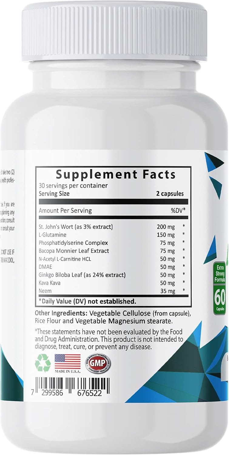 Sundhed Natural Brain Boost Capsules for Memory and Focus - Nootropic Formula with Ginkgo Biloba and St John Wort Extract - Enhance Mental Clarity and Performance