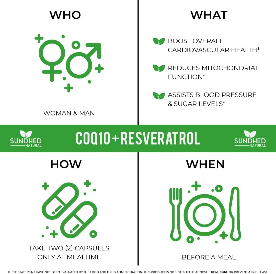 Sundhed Natural CoQ10 + Resveratrol Capsules - Powerful Antioxidant Supplement