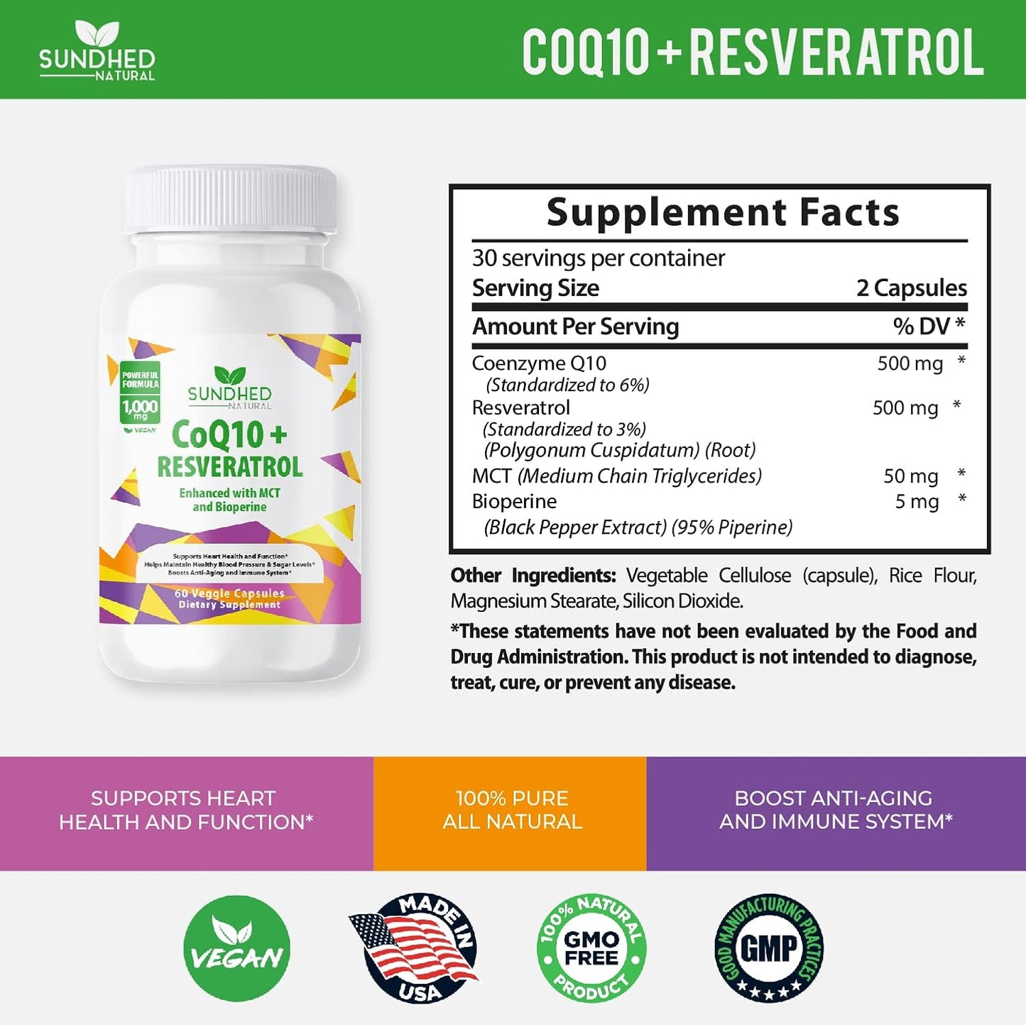 Sundhed Natural CoQ10 + Resveratrol Capsules - Powerful Antioxidant Supplement