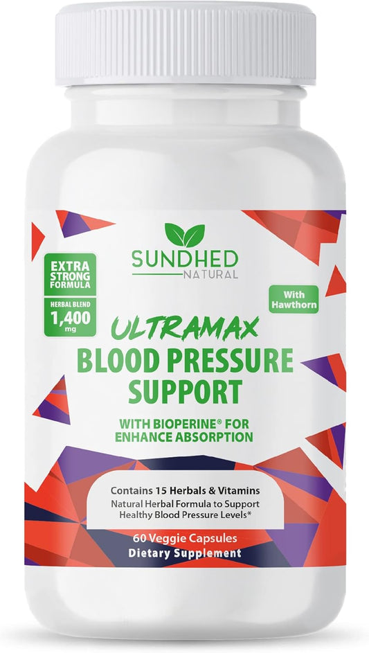 Sundhed Natural UltraMax Blood Pressure Support with Bioperine and Hawthorn Berry - 60 Capsules