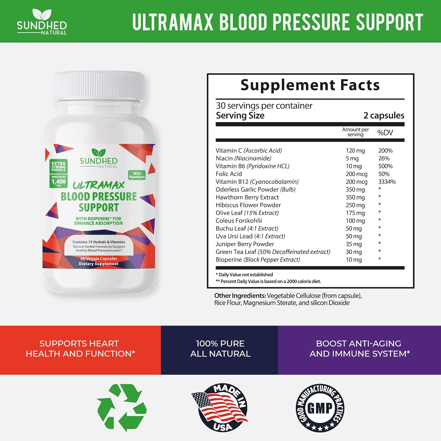 Sundhed Natural UltraMax Blood Pressure Support with Bioperine and Hawthorn Berry - 60 Capsules