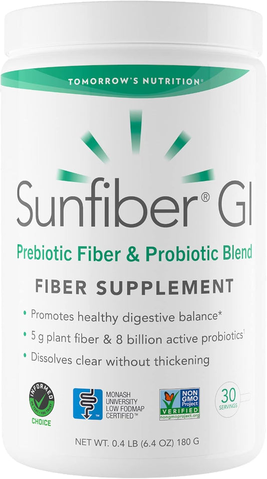 Sunfiber GI Prebiotic Fiber with Probiotics - 5g Fiber & 8 Billion Probiotics - Low FODMAP - 30 Day Supply