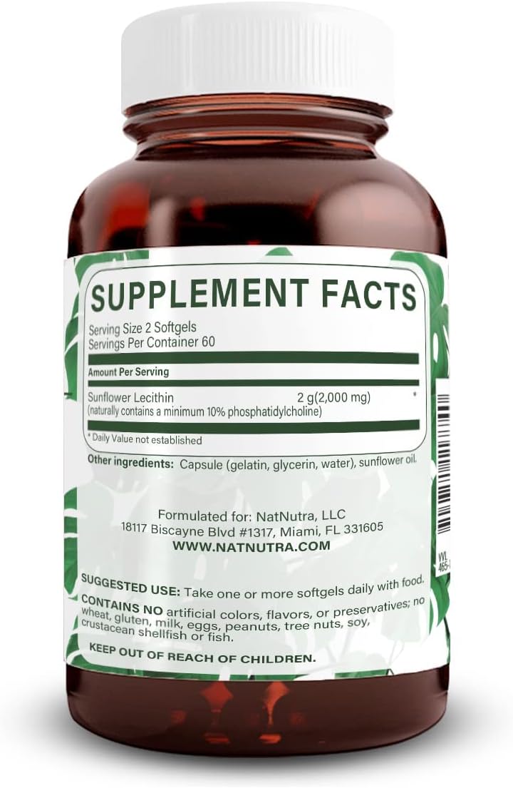 Sunflower Lecithin 2000mg Supplement - Soy & Gluten-Free, Enhances Liver Function, Supports Brain Health, Boosts Memory & Focus, 120 Softgels (3 Pack)