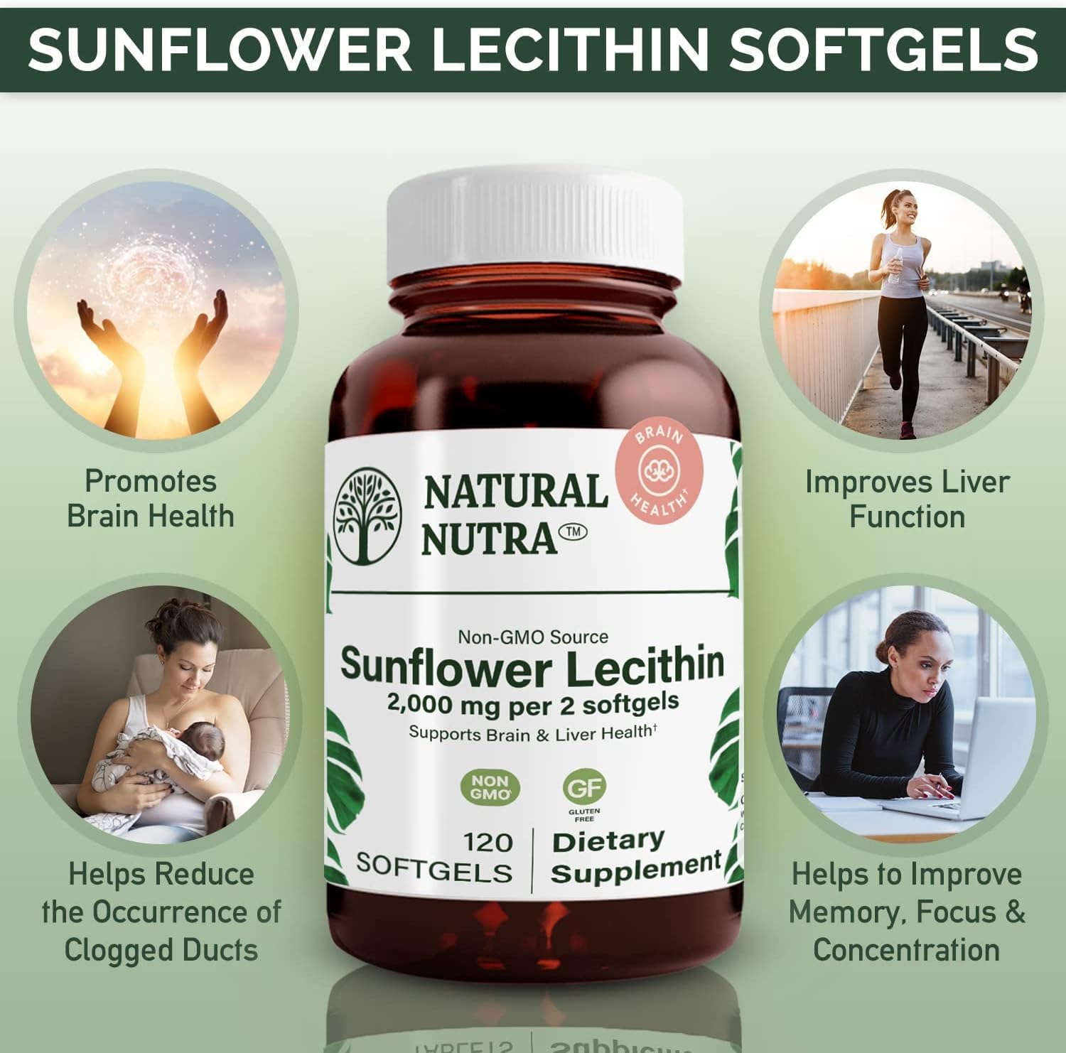 Sunflower Lecithin 2000mg Supplement - Soy & Gluten-Free, Enhances Liver Function, Supports Brain Health, Boosts Memory & Focus, 120 Softgels (3 Pack)