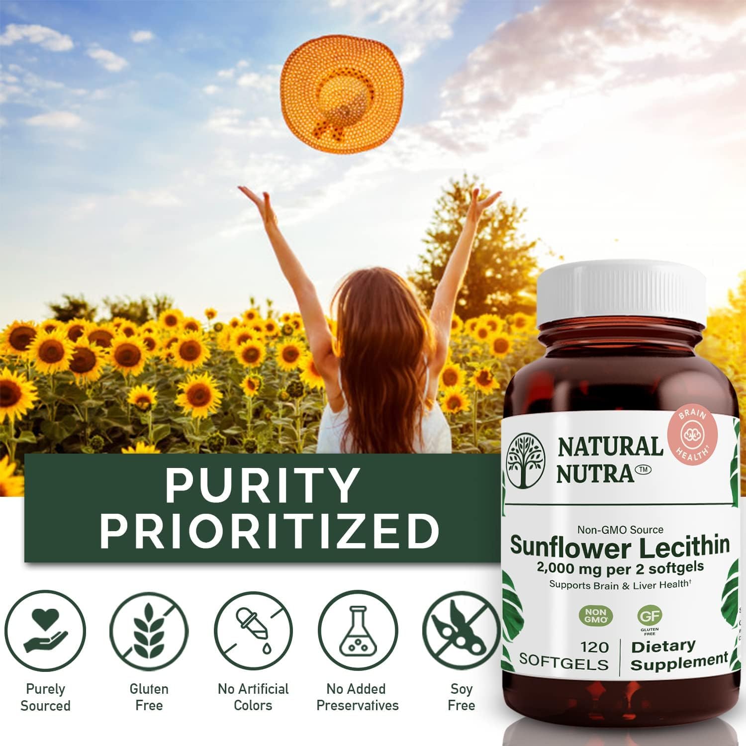 Sunflower Lecithin 2000mg Supplement - Soy & Gluten-Free, Enhances Liver Function, Supports Brain Health, Boosts Memory & Focus, 120 Softgels (3 Pack)