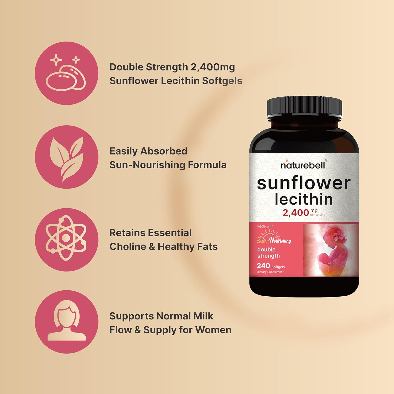 Sunflower Lecithin 240 Softgels 2,400mg - Non-GMO Seed Oil, High in Phosphatidyl Choline - Soy & Gluten Free