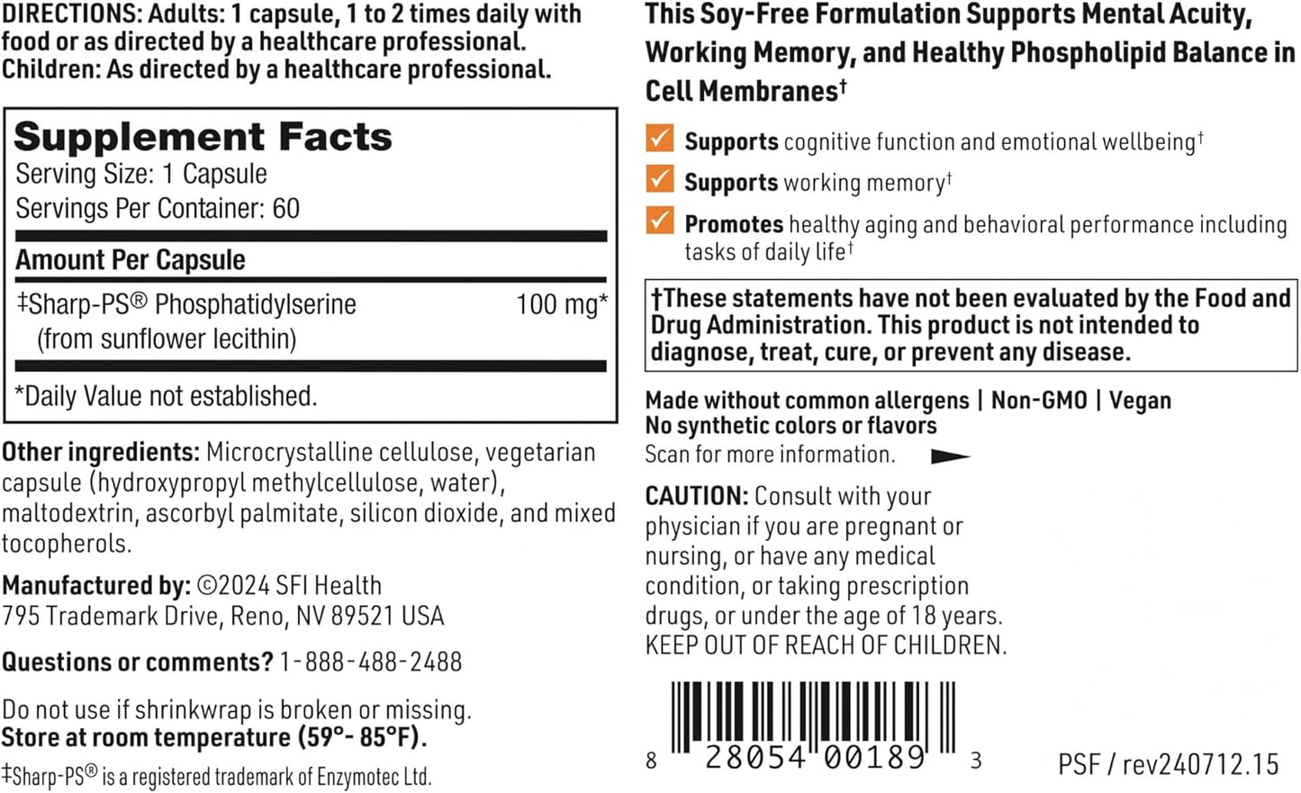 Sunflower Lecithin Phosphatidylserine Capsules by Klaire Labs - 60 Count