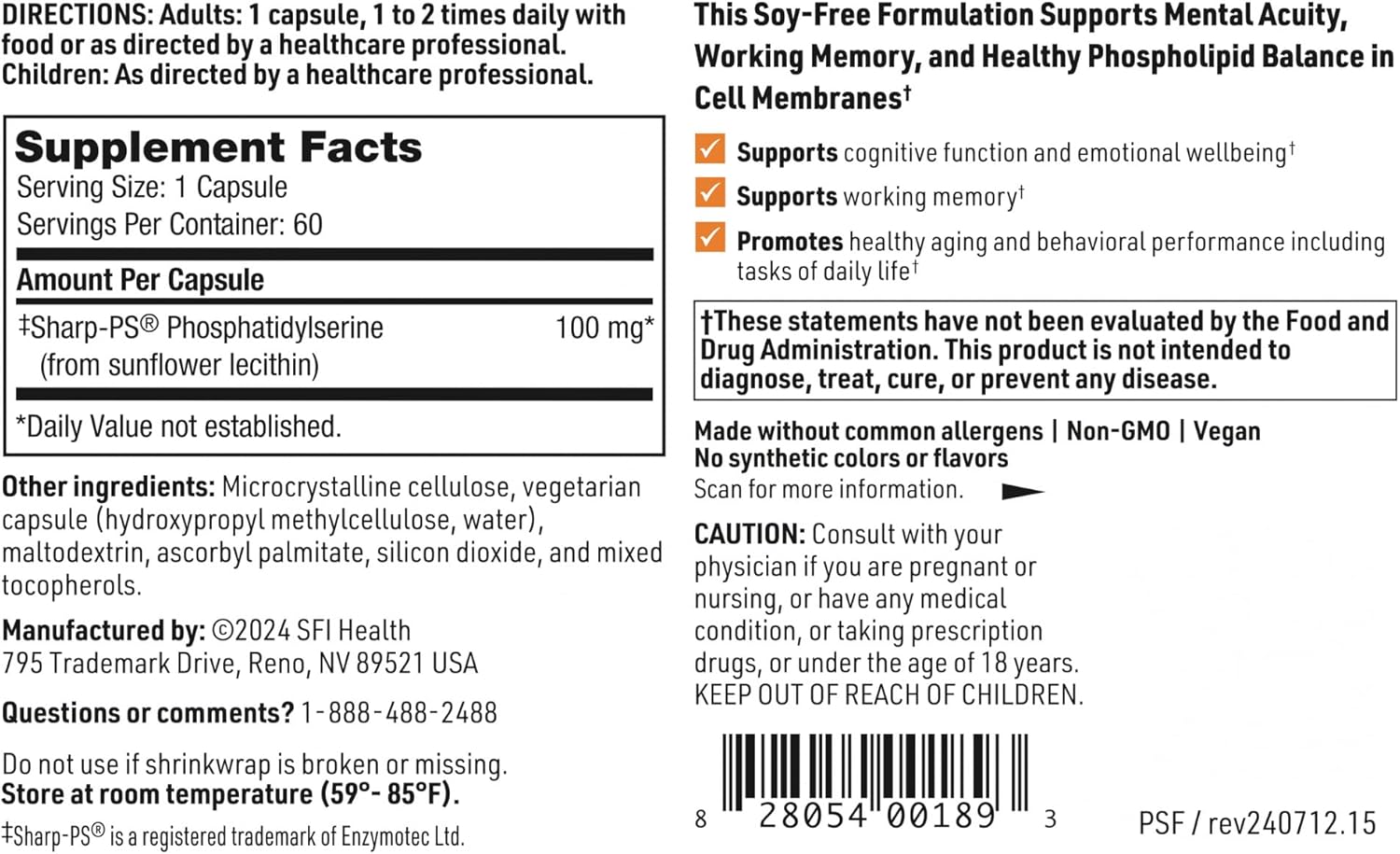 Sunflower Lecithin Phosphatidylserine Capsules by Klaire Labs - 60 Count