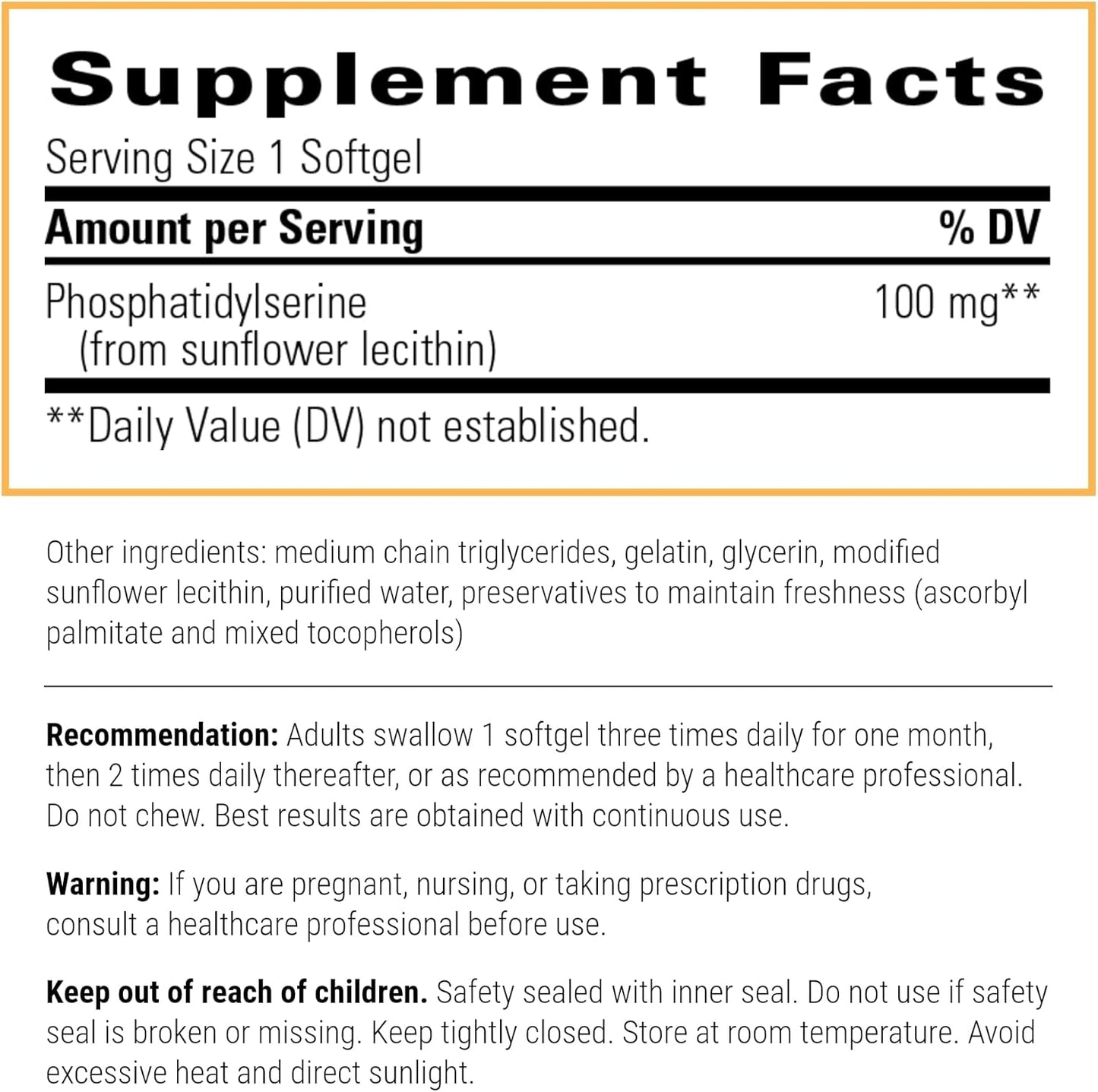Sunflower Lecithin Phosphatidylserine Softgels - Brain Function & Stress Support Supplement - Men & Women - 60ct