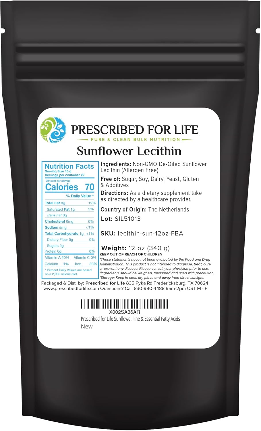 Sunflower Lecithin Powder - Unbleached, Gluten Free, Vegan, Non GMO - 12oz (340g) - Rich in Choline & Essential Fatty Acids - Kosher & Soy Free