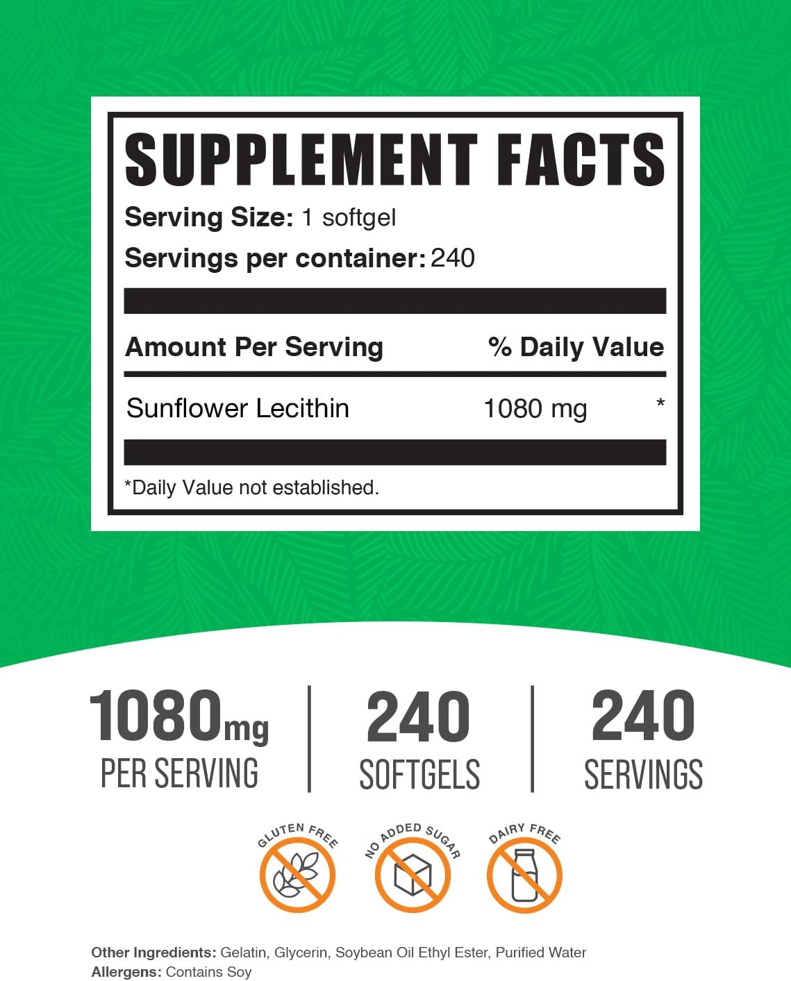 Sunflower Lecithin Softgels 1080mg - Gluten-Free Vitality Support, 240 Count