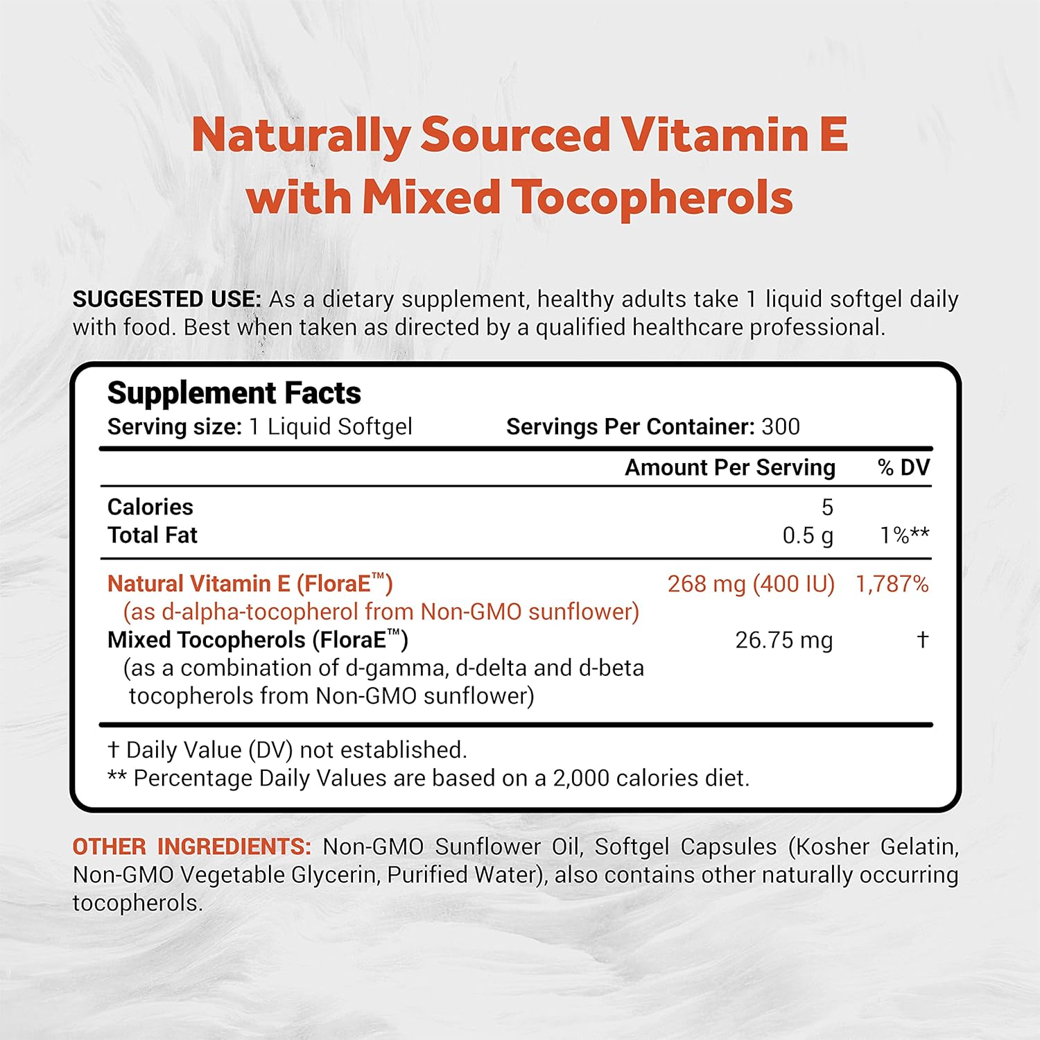 Sunflower Vitamin E Softgels with Mixed Tocopherols - Skin & Immune Support - Non-GMO, Soy & Gluten Free - 300 Count