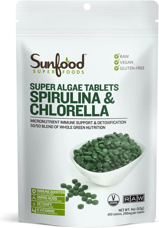 Sunfood Super Algae Spirulina & Chlorella Blend - Immune Support & Detox (37 Servings)