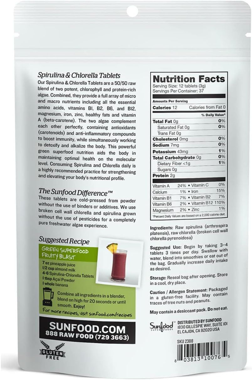 Sunfood Super Algae Spirulina & Chlorella Blend - Immune Support & Detox (37 Servings)