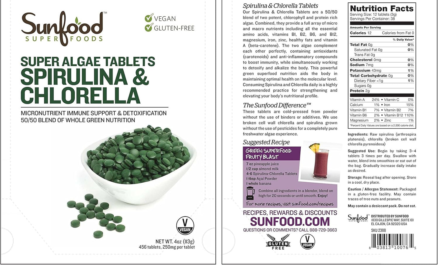 Sunfood Super Algae Spirulina & Chlorella Blend - Immune Support & Detox (37 Servings)