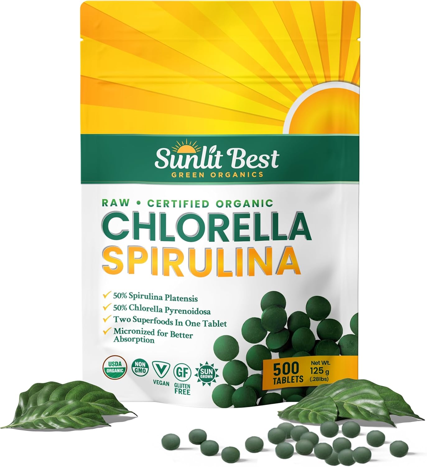 Sunlit Best Green Organics Chlorella Spirulina Tablets - Superfood Supplement with Burst Cell Wall Algae, Chlorophyll & Vegan Protein
