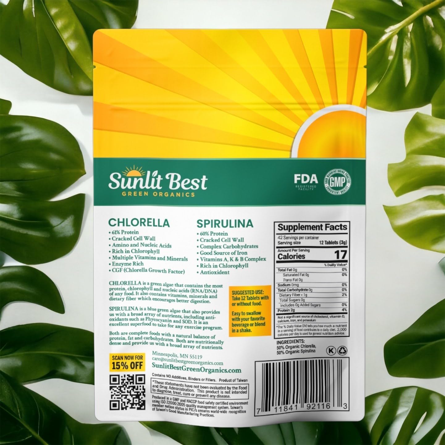 Sunlit Best Green Organics Chlorella Spirulina Tablets - Superfood Supplement with Burst Cell Wall Algae, Chlorophyll & Vegan Protein