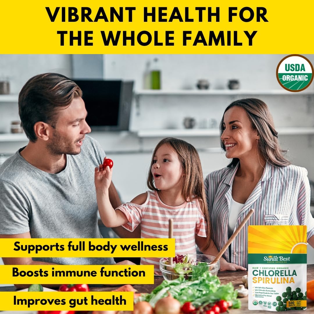 Sunlit Best Green Organics Chlorella Spirulina Tablets - Superfood Supplement with Burst Cell Wall Algae, Chlorophyll & Vegan Protein