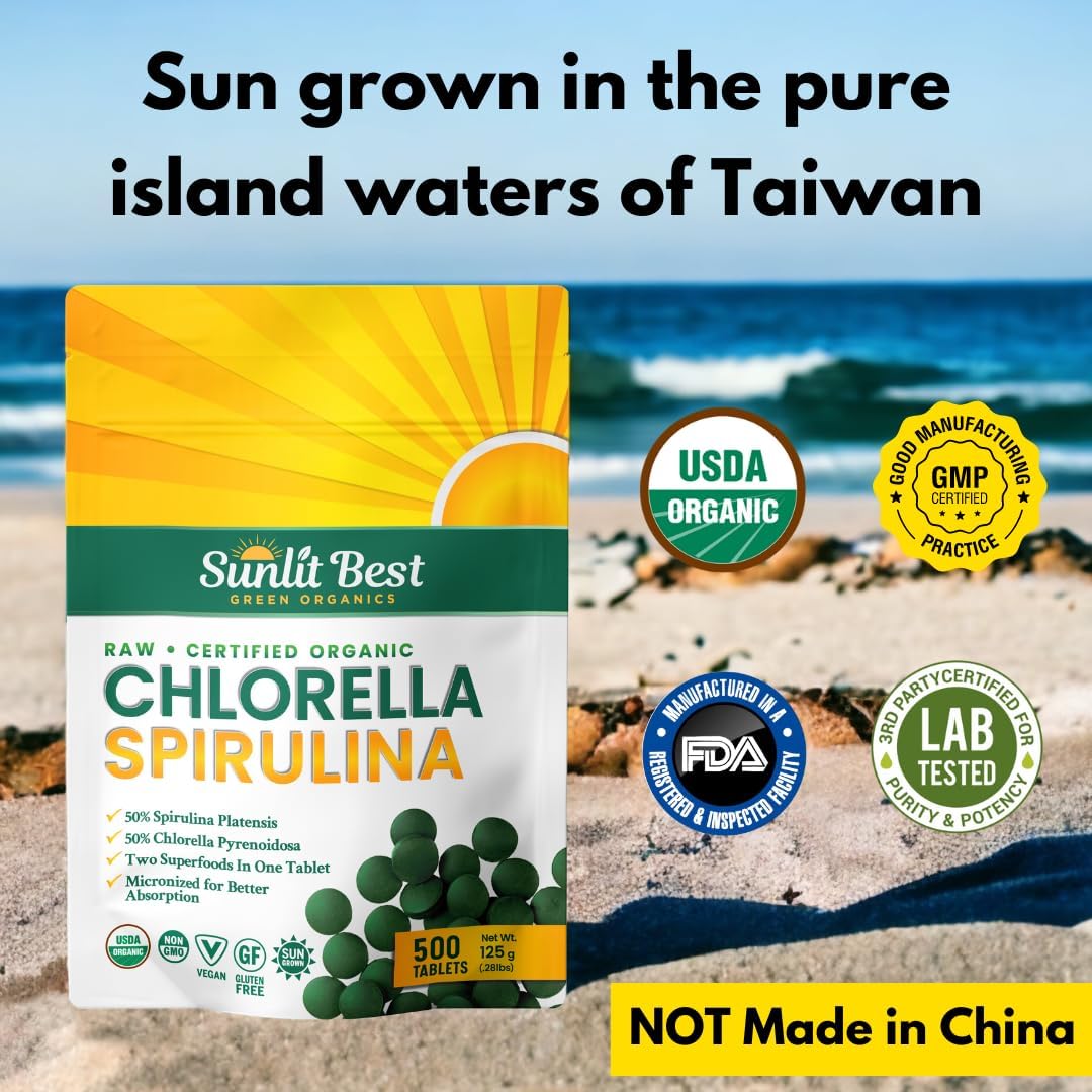 Sunlit Best Green Organics Chlorella Spirulina Tablets - Superfood Supplement with Burst Cell Wall Algae, Chlorophyll & Vegan Protein