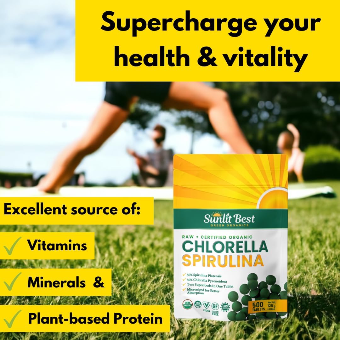 Sunlit Best Green Organics Chlorella Spirulina Tablets - Superfood Supplement with Burst Cell Wall Algae, Chlorophyll & Vegan Protein