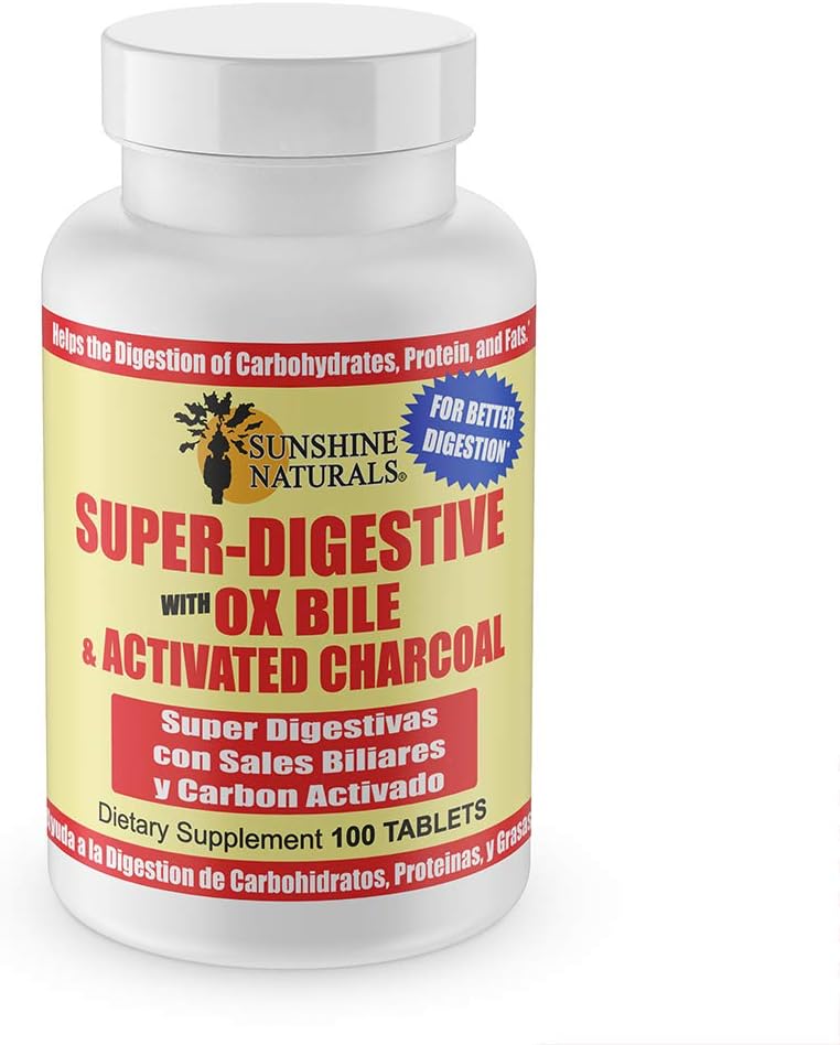 Sunshine Naturals Digestive Support Supplement with Ox Bile & Activated Charcoal - 100 Tablets for Bloating Relief & Nutrient Absorption