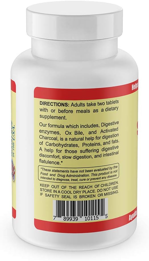 Sunshine Naturals Digestive Support Supplement with Ox Bile & Activated Charcoal - 100 Tablets for Bloating Relief & Nutrient Absorption