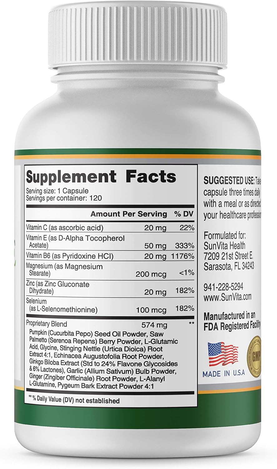 SunVita Health Prostate Formula with Saw Palmetto & Beta Sitosterol - 120 Capsules for Frequency & Urgency