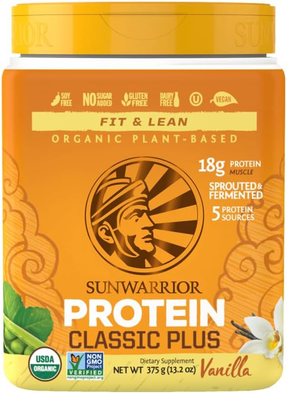 Sunwarrior Classic Plus Vegan Organic Protein Powder - Vanilla Flavor | Plant-Based Superfood Blend with Quinoa, Chia Seeds, Non-GMO Ingredients | Dairy-Free, Gluten-Free, Soy-Free, Synthetic-Free | 15 Servings