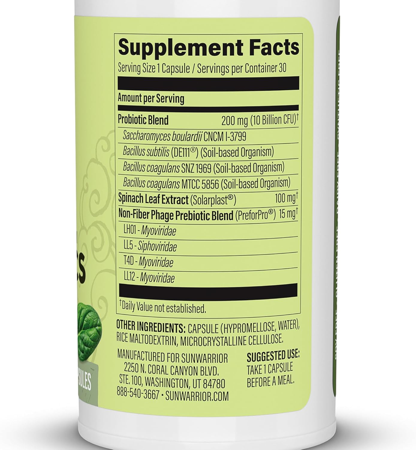 Sunwarrior Soil-Based Vegan Probiotic Capsules | 10 Billion CFU for Digestion | Soy, Gluten, Dairy Free | 30 Count