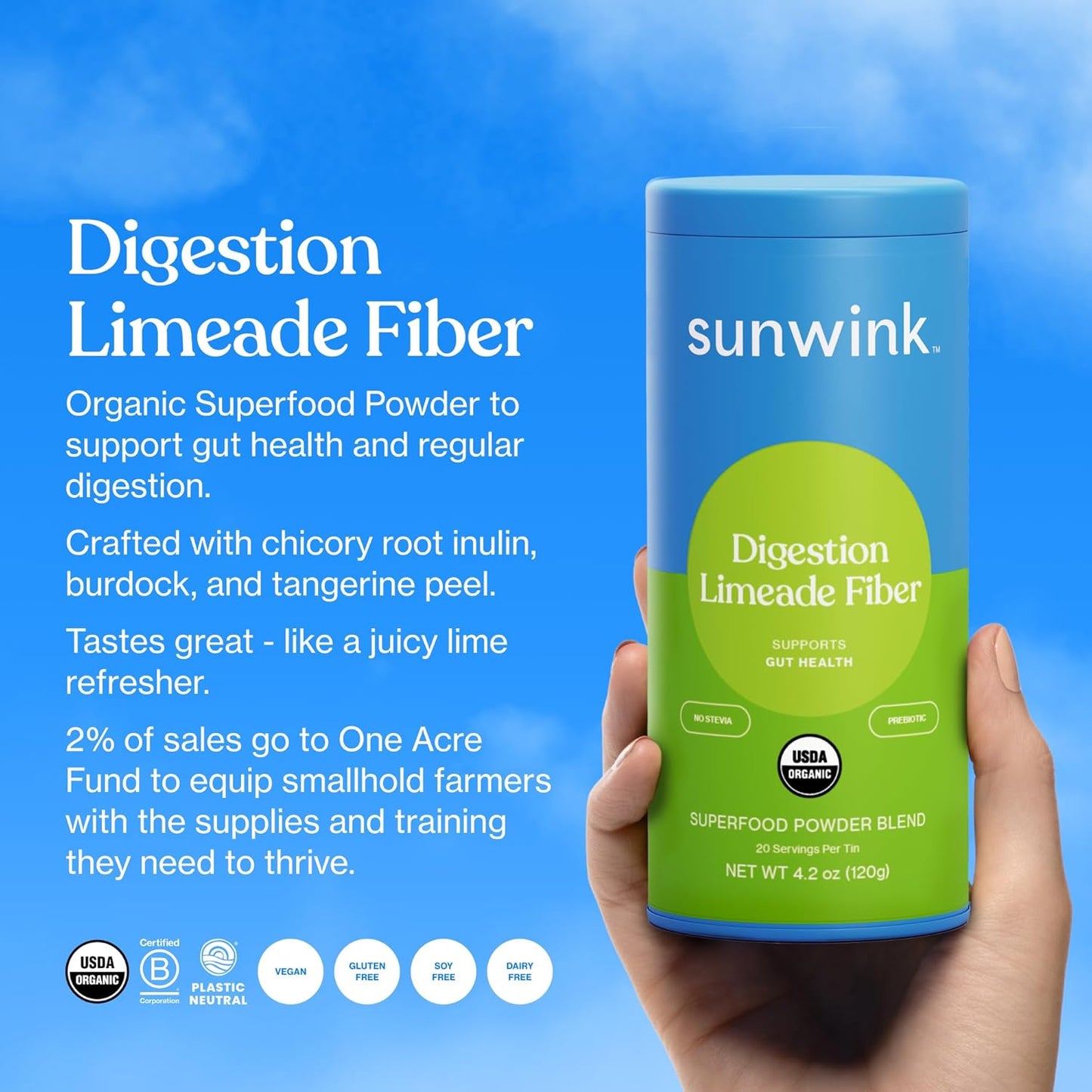 Sunwink Digestion Limeade Fiber Superfood Powder | Prebiotic Fiber Blend with Chicory Root & Tangerine Peel | Supports Gut Health | 4.2 oz, 20 Servings