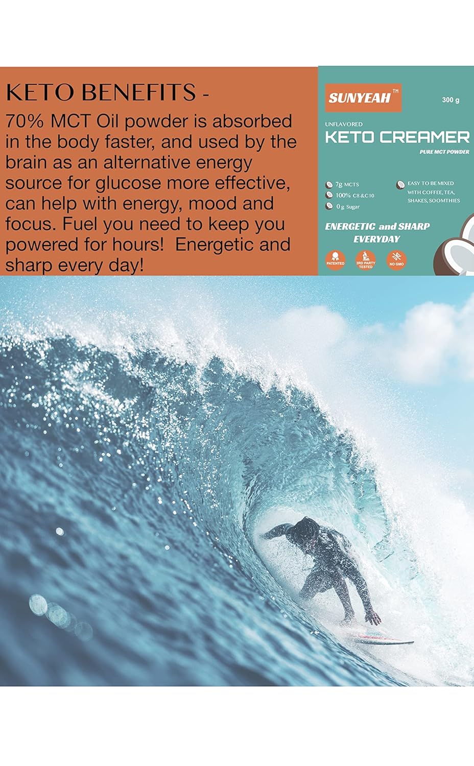 SUNYEAH MCT Oil Powder Coffee Creamer, Pure C8 C10, No Sugar, 300g - Coconut-Derived, Ideal for Coffee, Tea, Shakes, Smoothies - Unflavored, Non-GMO