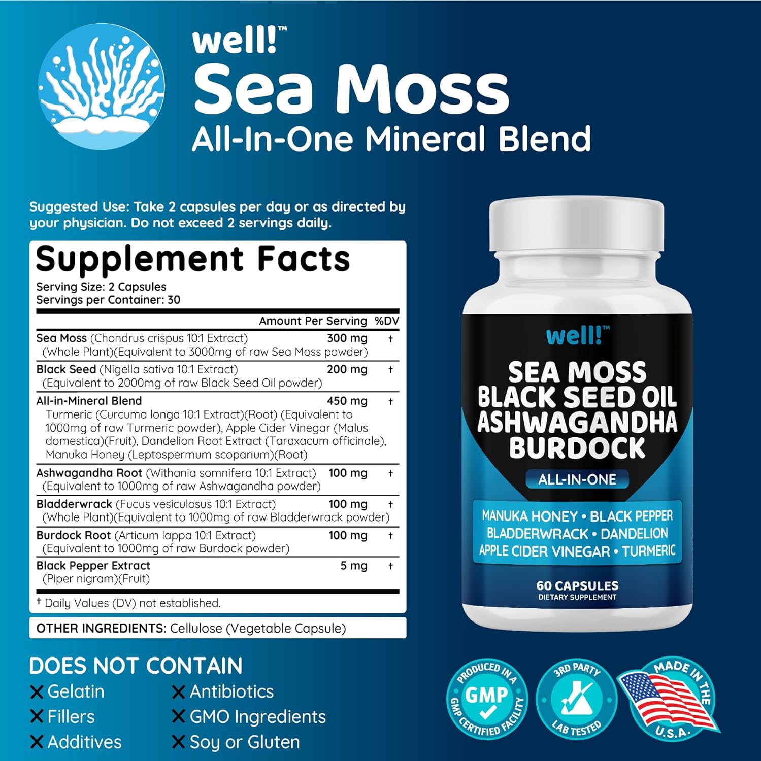 Super Antioxidants Supplement with Sea Moss, Black Seed Oil, Ashwagandha, Bladderwrack, Maca, Turmeric, Manuka Honey, Dandelion, and Black Pepper - 180 Capsules