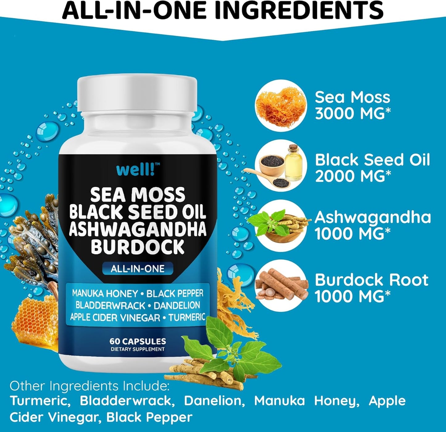 Super Antioxidants Supplement with Sea Moss, Black Seed Oil, Ashwagandha, Bladderwrack, Maca, Turmeric, Manuka Honey, Dandelion, and Black Pepper - 180 Capsules