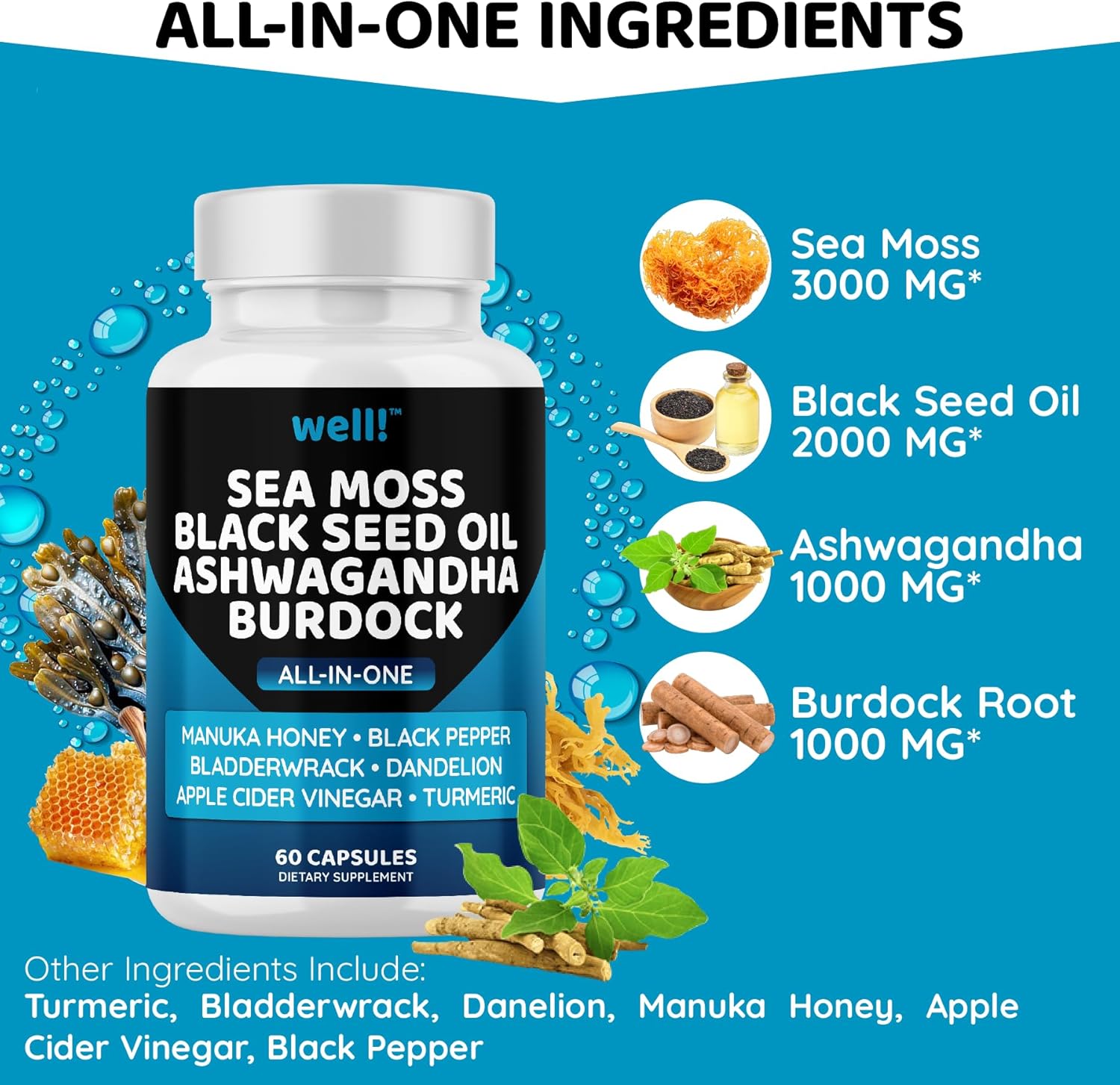 Super Antioxidants Supplement with Sea Moss, Black Seed Oil, Ashwagandha, Bladderwrack, Maca, Turmeric, Manuka Honey, Dandelion, and Black Pepper - 180 Capsules