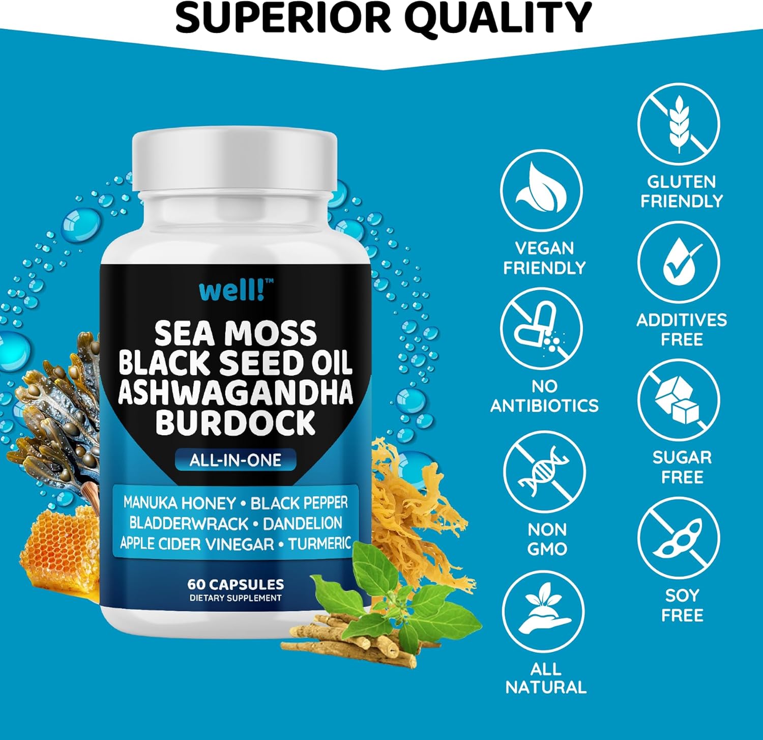 Super Antioxidants Supplement with Sea Moss, Black Seed Oil, Ashwagandha, Bladderwrack, Maca, Turmeric, Manuka Honey, Dandelion, and Black Pepper - 180 Capsules
