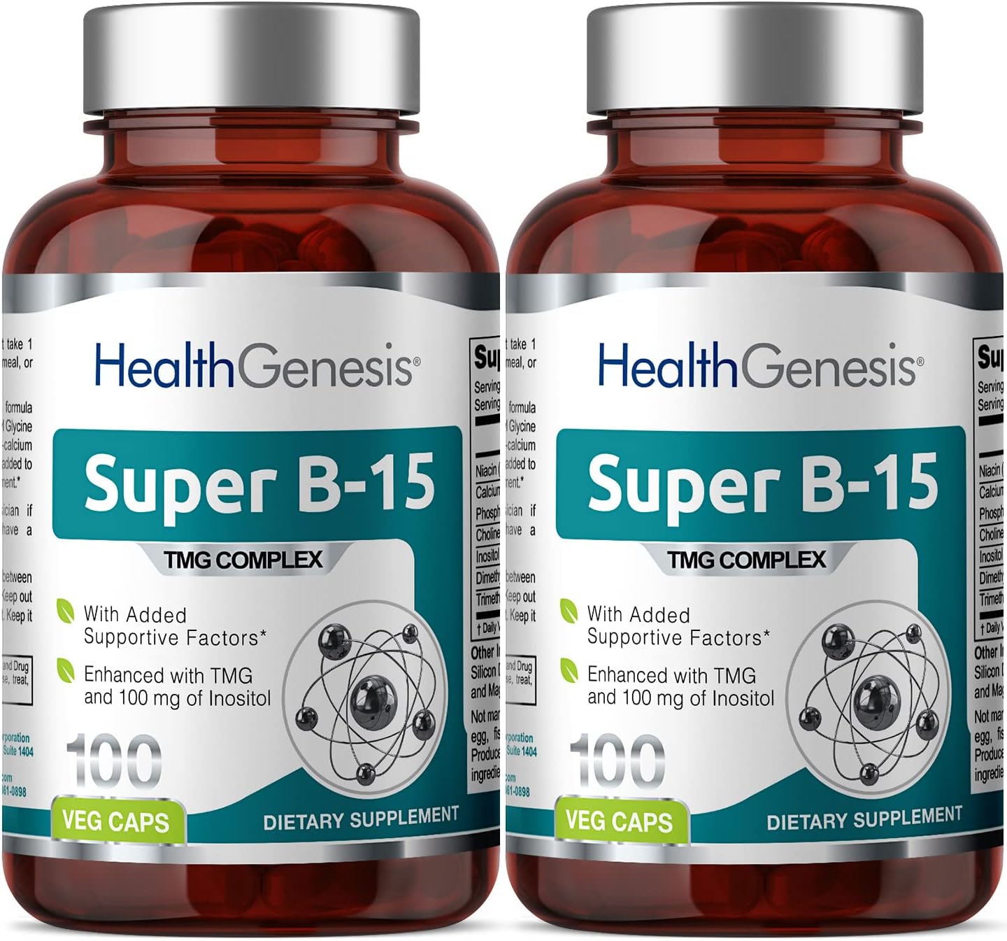 Super B-15 Health Genesis 100 Vcaps x 2 Pack - Niacin Calcium Choline Inositol DMG TMG - Enhances Oxygen Energy Levels