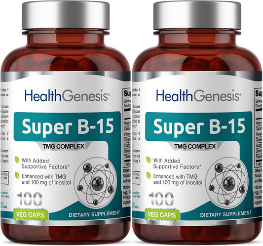Super B-15 Health Genesis 100 Vcaps x 2 Pack - Niacin Calcium Choline Inositol DMG TMG - Enhances Oxygen Energy Levels