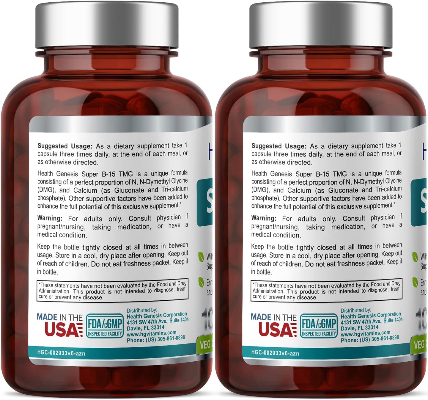 Super B-15 Health Genesis 100 Vcaps x 2 Pack - Niacin Calcium Choline Inositol DMG TMG - Enhances Oxygen Energy Levels