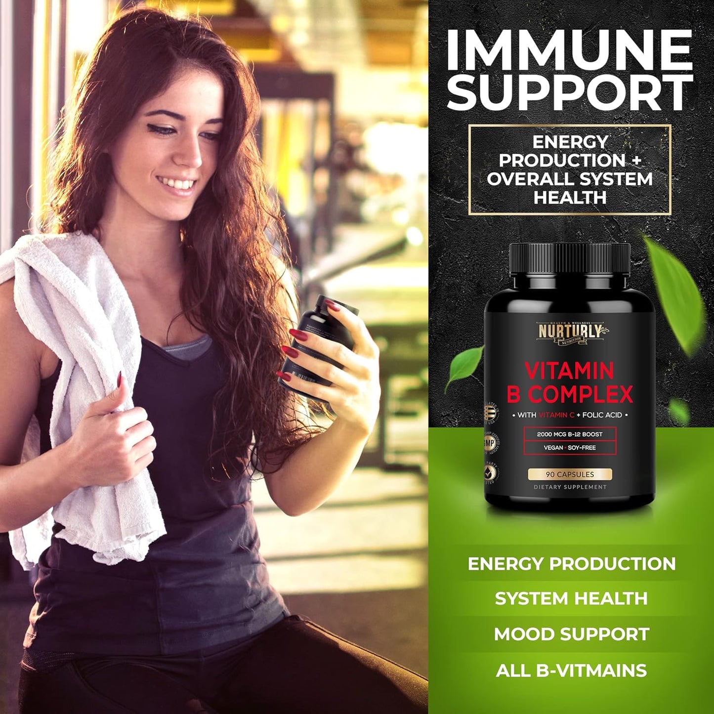 Super B Complex Vitamins with Vitamin C - 90 Capsules for Energy, Immunity, and Mood Support