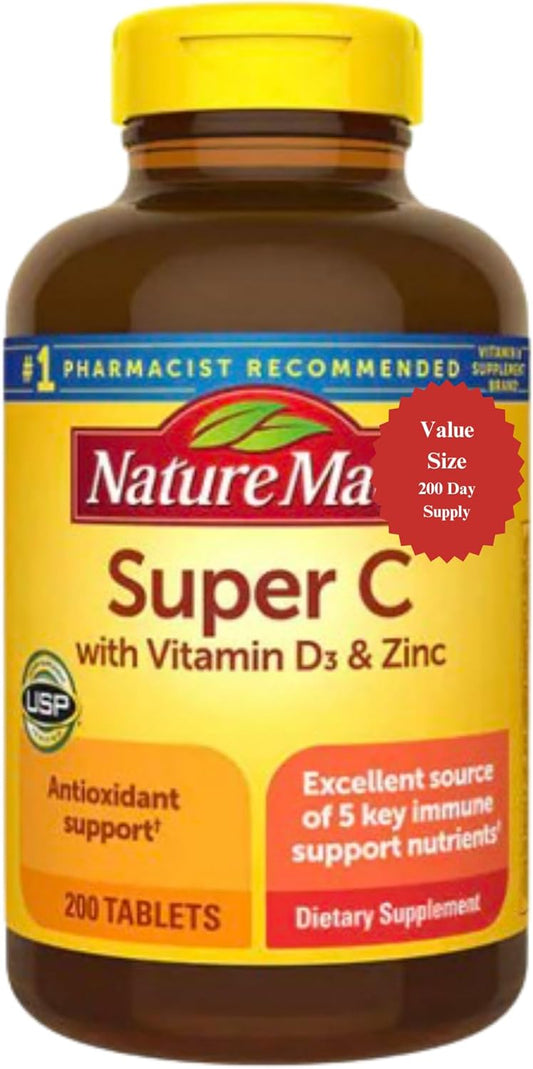 Super C with Vitamin D3 and Zinc 200 Tablets - One-a-Day for 200 Days with Emergency Whistle Keychain