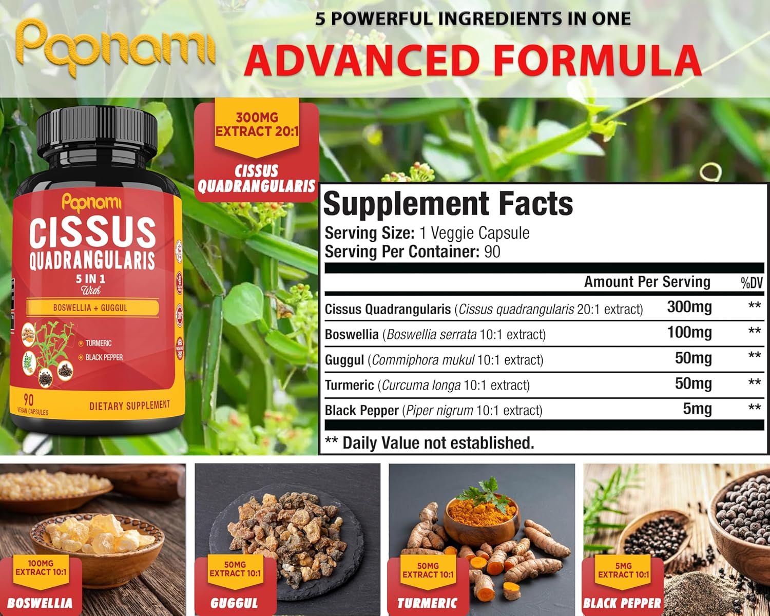 Super Cissus Quadrangularis Extract Capsules with Boswellia, Guggul, Turmeric, Pepper - 90 Day Supply