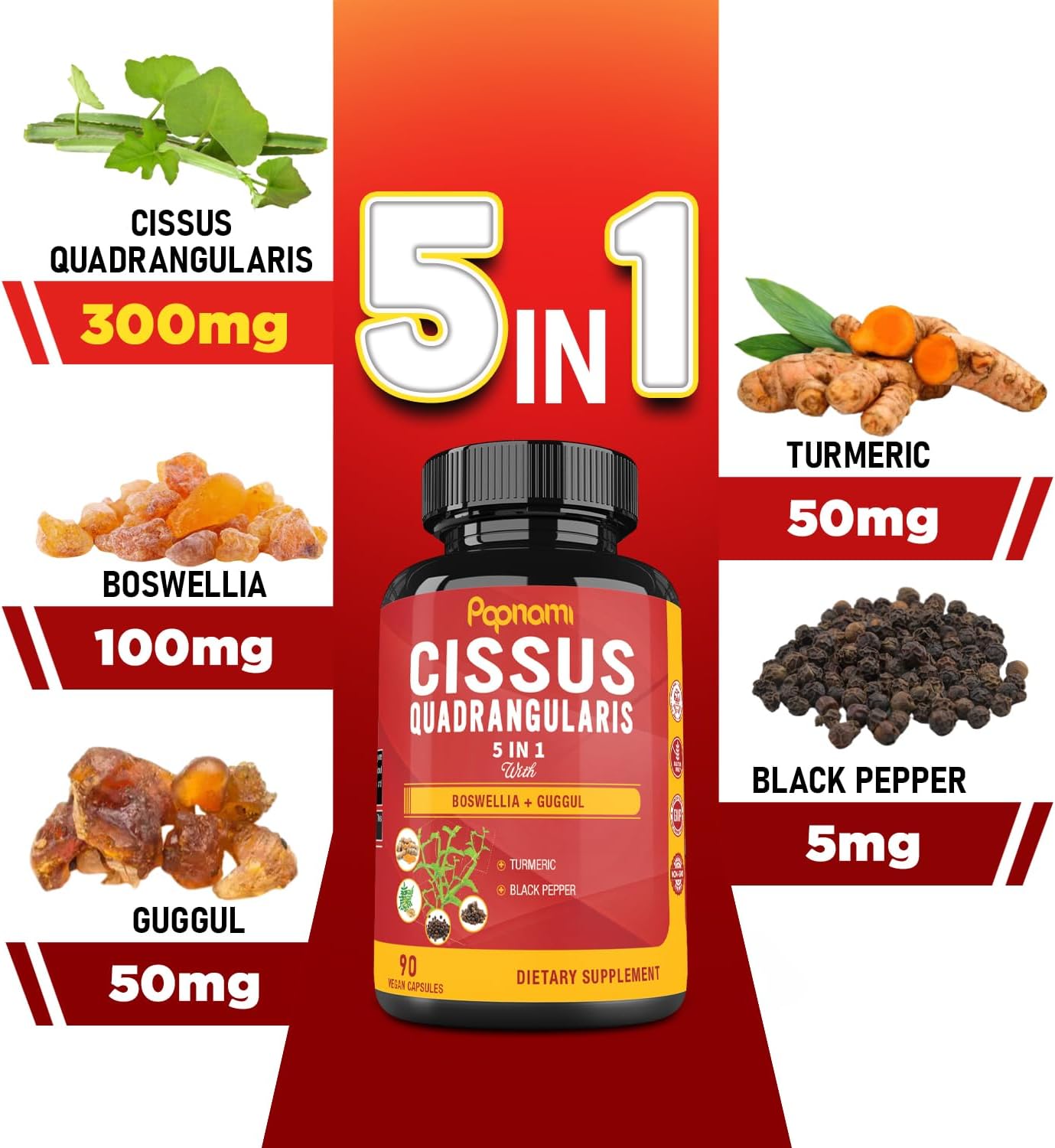 Super Cissus Quadrangularis Extract Capsules with Boswellia, Guggul, Turmeric, Pepper - 90 Day Supply